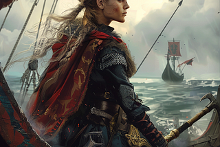 A brave young viking woman commanding a viking ship.
