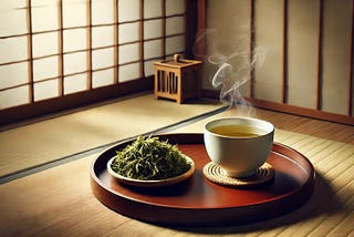 A serene scene of a traditional Japanese tea setting with a cup of steaming yomogi tea on a wooden tray. The background shows a simple, minimalist Japanese room with soft natural light filtering through a paper screen, creating a calm and inviting atmosphere.