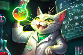 A happy cat scientist holding a light emitting formula in a laboratory