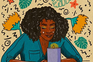 Illustration of a woman sitting at a table smelling a lit candle