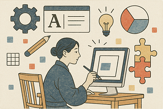 An ukiyo-e style digital illustration of a Japanese designer in traditional attire, seated at a wooden desk, drawing on a computer screen. Surrounding them are design icons including a light bulb, pencil, pie chart, gear, and puzzle pieces, all rendered in a muted palette of red, blue, and beige on an off-white background. Image generated by ChatGPT.