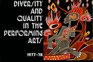 Report on cultural diversity in the performing arts created by the Black Commission, 1977. Cover artwork is a reproduction of “The Students” (1949), a tapestry by Senegalese artist Ansoumana Diedhiou, gifted to the Kennedy Center as part of the African Room, a reception room for dignitaries donated to the Kennedy Center by 27 African nations. This tapestry was specially commissioned by the President of Senegal to “emphasize the importance of education in his country.”