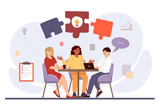 Illustration of several coworkers collaborating at a table, with puzzle pieces and speech bubbles floating over their heads.