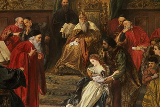 Painting by Sir John Gilbert of Cordelia in her father’s court, refusing to flatter King Lear. She is surrounded by members of the court.