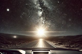 A view of a very bright light in the night sky from behind the window screen of a car.