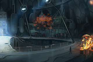 A dreamlike scene with a steampunk vibe, featuring an old townhouse, an illuminated desk, a steamship, in a complex, circular, staged setting. It all suggests an alternate universe time travel story or play.