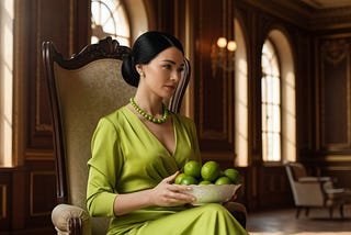 Woman with black hair, lime-green dress, lime-green pearls sits in a highback chair holding a bowl of limes.