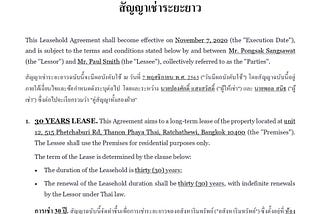 Leasehold Agreement in Thailand