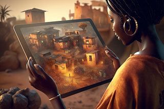 African woman plans on a tablet what her future village might look like