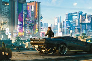 A cityscape screenshot from the videogame “Cyberpunk 2077”.
