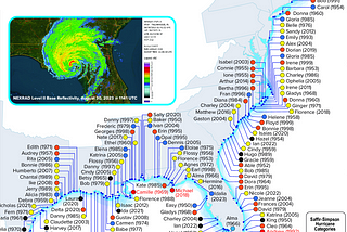 A colorful map of the US East Coast and Gulf Coast showing labeled hurricane landfalls between 1950 and 2023.