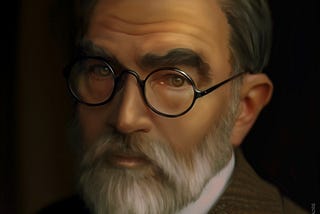 Digital painting of a portrait of Dr. Victor Stahl, a mature white man with a distinctive pointed white beard, brown hair, and round black-rimmed spectacles.