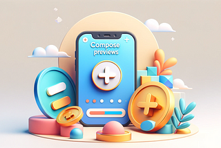 image features a sophisticated and playful composition set against a soft, neutral background. On the left, there’s a vibrantly colored 3D coin, and on the right, a sleek, landscape-oriented smartphone mockup. Between these two elements is a prominent plus icon, symbolizing a connection or addition. Above this arrangement, the phrase “Compose Previews” is written in a stylish, modern font that complements the overall design. The scene balances a clean, modern aesthetic with playful charm.