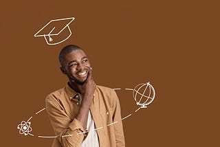 a guy smiling with his hand on his chin and a graduation hat sketch above his head