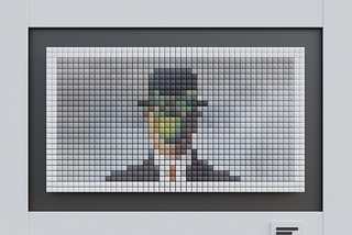A pixelized representation of the famous painting, The Son of Man, 1946 by Rene Magritte. A man wearing a bowler hat with an apple in front of his face.