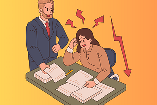 A boss standing over his clearly distressed employee, who is worried about the business failing as indicated by the downward arrow