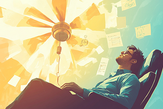 A digital illustration of a man in an office chair, leaning back and gazing up at a glowing ceiling fan. The man, wearing a blue shirt and glasses, appears calm and thoughtful, immersed in deep contemplation. The overall scene conveys a sense of reflection and the power of idleness to inspire creativity.