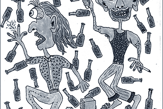 A drawing of two men, one holding a meat cleaver chasing the other who is missing part of a finger. They’re surrounded by beer bottles. DRAWING BY: Author