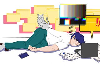Illustration of person lying on the floor starting at a laptop releasing a lot of task bubbles. A cat sits on the person