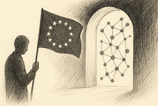 A man carrying a European Union flag to a door covered with nodes
