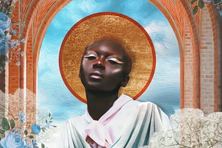 Digitized image of Oluwatoyin Salu with halo and heavenly backdrop