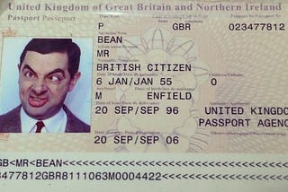 A passport photo page of Mr. Bean, from the movie Bean (2017).