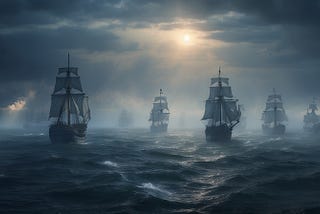 an evocative image of the phantom fleet emerging from the mist on the distant horizon.