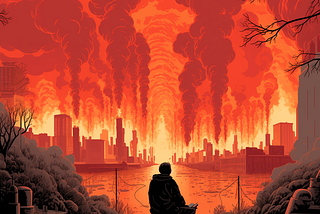 An illustration of a silhouetted seated individual looking at a burning skyline.