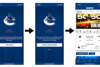 Three screenshots showing the Vancouver Canucks app’s onboarding process