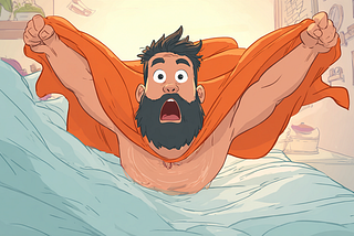 A bearded cartoon guy flying like a superhero (Harvey wallbanger)