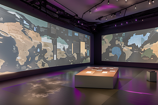 Image of museum interactive immersive space, with projection on walls and floors and interactive exhibits