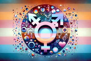 A cheerful image of a trans symbol with various gender diverse symbols and colours.