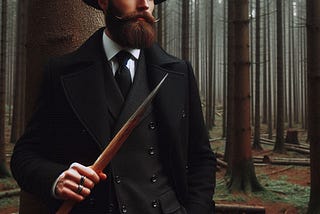 realistic image of a tall slender bearded man in Black double-breasted Brooks Brothers coat and stovepipe holding a sharp wooden stake deep in the forest