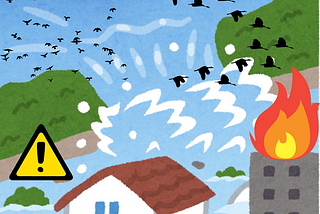 A caroonish image depicts a chaotic scene involving natural and man-made disasters. There are birds flying frantically in the sky, symbolizing distress. In the background, there are hills with waves of water rushing towards a house, suggesting a flood. On the right side, a building is on fire, indicating an emergency. A yellow warning sign with an exclamation mark emphasizes danger.