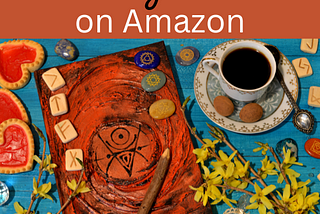 A photograph of an altar with various spiritual tools, such as herbs, divination tools, runes, a spell book, and crystals. Text at the top reads “Witchy Finds on Amazon”
