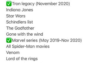 A list of movies to watch. The movies that have been seen are marked with a date and a green check mark.