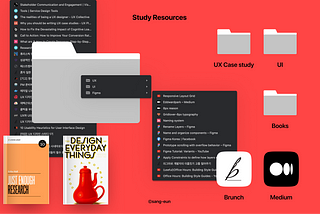 Graphic titled “Study Resources” at the top in black text on a vivid red background. Two dark lists of bookmark bar images mortise with grey folders, 3 folder says “UX case study”, “UI”, and “Books”. There are two apps, “Brunch” and “Medium”, right-bottom. Book “Just enough research” and “Design of everyday thing” are left-bottom.