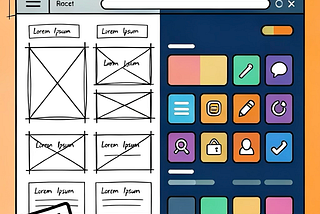 The main illustration is a split-screen graphic of a web browser window. The left side is a simple wireframe sketch with “Lorem Ipsum” placeholders, while the right side is a fully rendered, colorful interface with various icons and buttons. A “BETA” stamp is visible in the bottom left corner of the graphic.