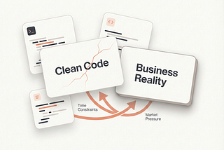 Illustration showing frontend clean code versus business reality using UI cards, trade-offs, and subtle imperfections in a modern SaaS design style.