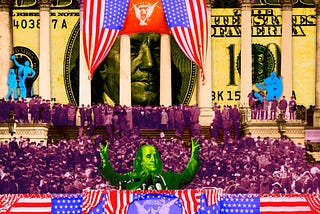The second inauguration of Grover Cleveland (1893) before a bunting-draped Library of Congress. The image has been colorized. Cleveland has been replaced with a politician figure making ‘V’ fingers in front of a bank of microphones; the politician’s head has been replaced with Benjamin Franklin’s head from a 1999 issue US $100 bill. That same bill has been matted in as the background of the inauguration scene.
