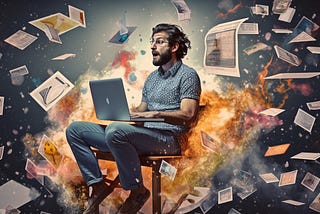 Man sitting with a computer while content is exploding around him.