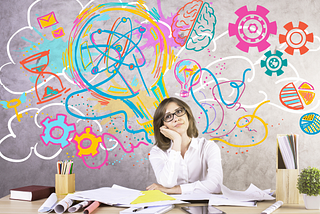 Attractive young woman at workplace generating creative ideas. Concrete wall with sketch in the background.