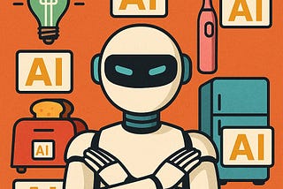 IMAGE: A cartoon-style robot stands with arms crossed, surrounded by everyday items like a toaster, fridge, lightbulb, and toothbrush — all labeled “AI” — against an orange background, suggesting skepticism toward overuse of artificial intelligence branding