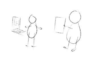 Two stick figures. One developer with his computer and the other one business person with requirements