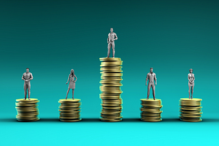 Figurines standing atop gold coins to symbolize economic inequality, and how billionaires are outliers hoarding wealth.