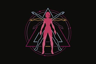 Leonardo Da Vinci-esque sketch of a pink adult human raising arms inside a circle, with additional background of a pink triangle