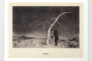 A bent man props up a dry withering tree and holds a small watering can