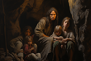 Women and children huddled in a stone cave.