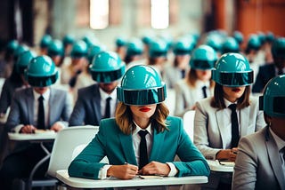 An image of students in a classroom, wearing suits and helmets with visors