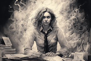 An image of a lady in the office with disheveled hair. She is visibly upset and tired.